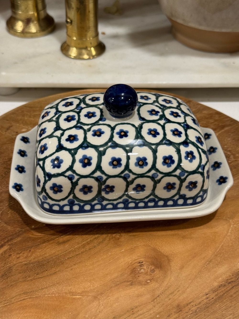 Hand Made Polish Pottery
Butter Dish Blue & White Floral
Geometric Signed